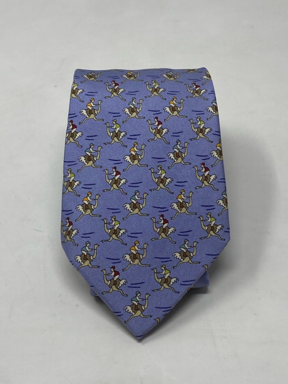 Hermes Mens Silk Tie Ostrich Rider Blue 7987 EA